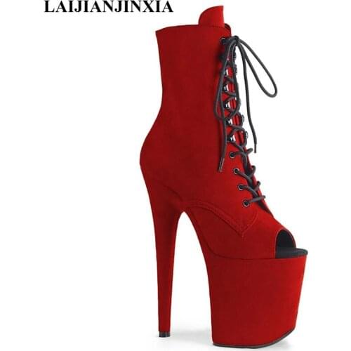 LAIJIANJINXIA Peep Toe Model Boots 20CM High Heels Women Plus Size Dance Ankle Boots Platform Boots Lace Up Real Image Shoes
