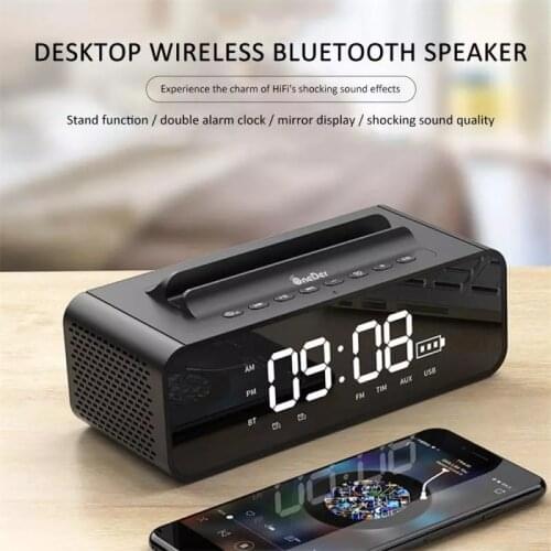 Digital Clock Home Wireless Bluetooth Speaker HiFi Sound Dual Boombox Audio Phone Stand Mirror Alarm Clock USB Charging caixa
