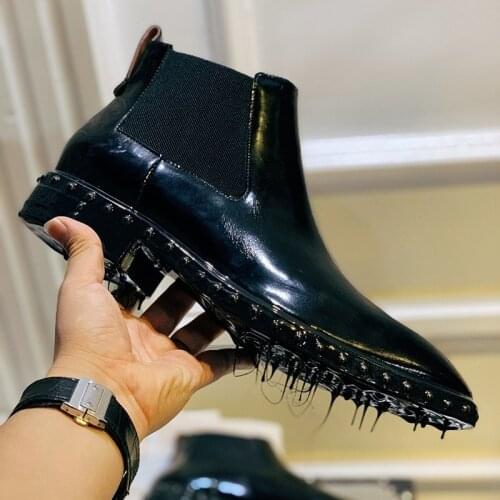 Designer Brand Chelsea Boots Men Rivet Pointed Toe Punk Genuine Leather Cowhide Ankle Shoes High Quality Black Dress Boots 34-45