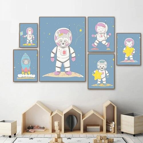 Astronaut Rhinoceros Raccoon Llama Rocket Wall Art Canvas Painting Nordic Posters And Prints Wall Pictures For Kids Room Decor