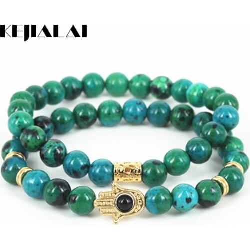 KEJIALAI 2pcs New Natural Phoenix Green Gold Color Round Stone Beads Men Bracelet Beaded Hamsa Hand Charm Women Bracelet A0579