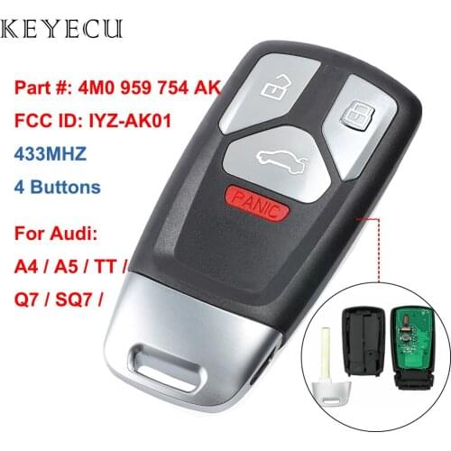 Keyecu Smart Remote Car Key Fob 4 Buttons 433MHz for Audi A4 A5 Q7 TT SQ7, FCC ID: IYZ-AK01, P/N: 4M0 959 754 AK, 4M0959754AK