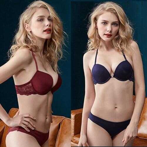 Elovegirl 2PCS Front Closure Lace Bra Set For Women Sexy Underwear Enhancement Lingerie Set Black Purple Khaki Red Lingerie