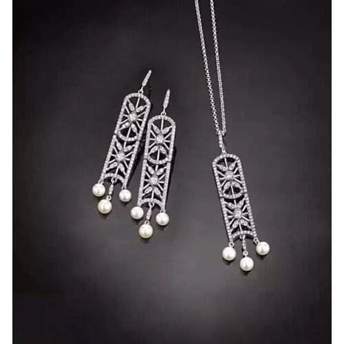 Cute Style Mosaic Pave AAA+ Top Luxury Zircon Pearl Flower Grid Earrings+Necklace Sets Famous Brand Jewelry for Women
