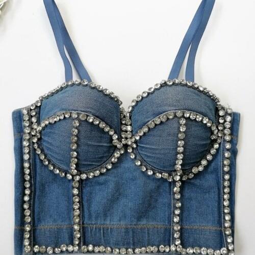 2021 New Women Fashion Diamond Beading Tank Tops Sexy Backless Bustier Short Top Denim Camisole Push up Gathered Bra Y1588