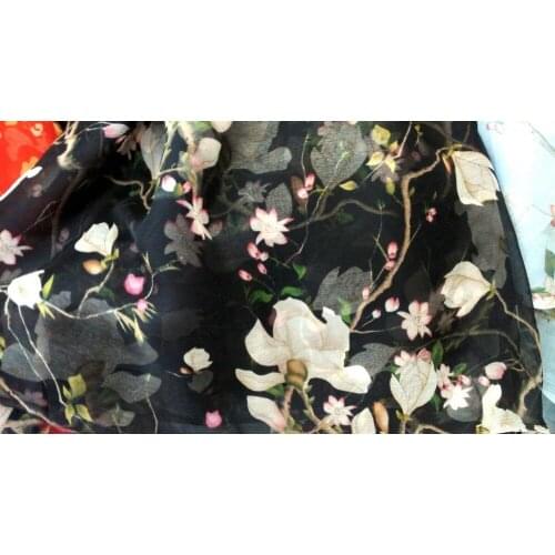 New Pure Natural Mulberry Silk Chiffon Fabric Black Pink Flowers Digital Prints Fabrics Tissus Au Metre Textile Sew Women Dress
