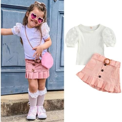 Toddler Kids Baby Girls Clothes Kids Summer Polka Dot Puff Sleeve T Shirts Tops Button A-Line Skirts Outfit Sets 1-6Y