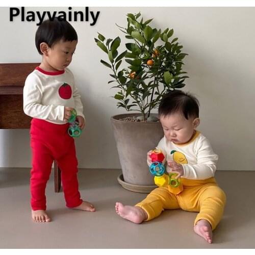 2021 Korean Style Autumn Girls Boys Pajamas 2-pcs Sets Cartoon Fruit Long Sleeves Top+Pants Sleepwear Casual Homewear E1081