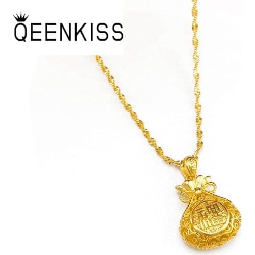 QEENKISS PT530 Fine Jewelry Wholesale Fashion Woman Girl Birthday Wedding Gift Lucky Fortune Bag 24KT Gold Pendant Charm NOCHAIN