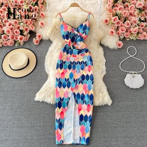 HangCode Sexy Dress Women Split Bodycon Spaghetti Strap Summer Maxi Dresses V-neck Sleeveless Holiday High Waist Party Vestidos