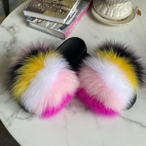 Fur Slippers Women Real Fox Fur Slides Luxury Fashion Outdoor Summer Sandals Natural Raccoon Fur Home Slippers Ladies 2021