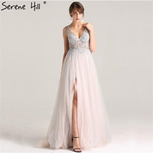 Sexy Deep V-neck Crystal Beaded Long Evening Dresses 2020 New Fashionable Front Split Backless Prom Dress Party BLA6223
