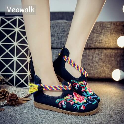 Veowalk Mid Top Women Casual Canvas Flats Floral Embroidery Ladies Comfortable Cotton Breathable Shoes Zapato Mujer Unique Strap