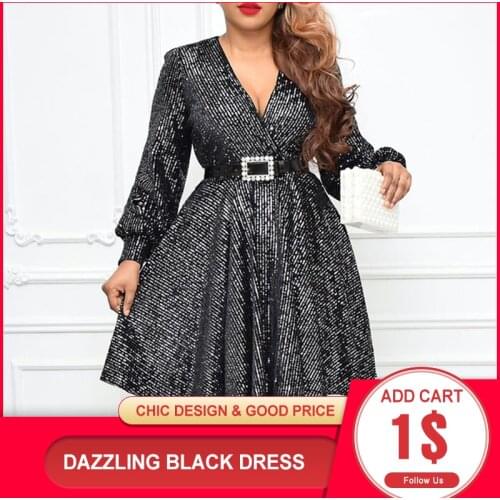 Summer V-neck Short Womens Dress Solid Color Black High Waist Long Sleeve 2021 Female Night Club Party Sequin Dresses Office