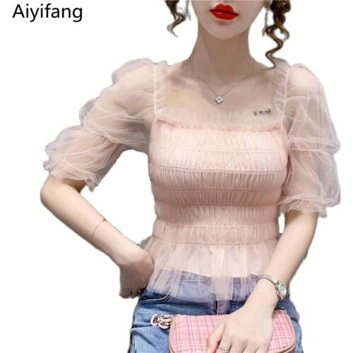 Women Vintage Pleated Elasticity Mesh Chiffon Blouses Summer Rainbow Stripes Sexy Short Shirts Puff Sleeve Slim Ruffles Crop Top