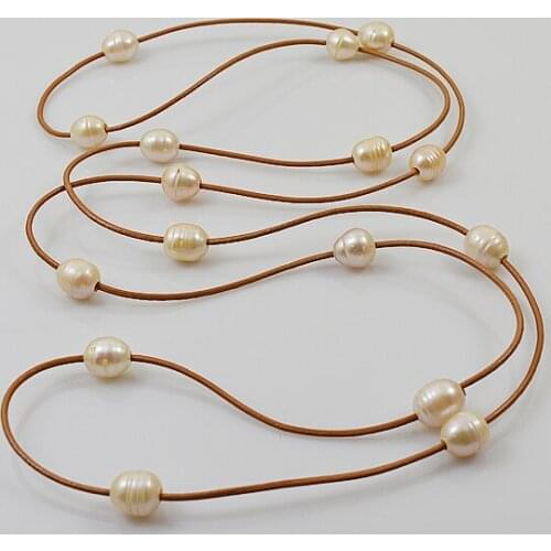 Unique Pearls Jewelry Store 120CM Long Pearl Necklace Rice Pink Real Freshwater Pearl Brown Leather Rope Fine Jewelry For Women