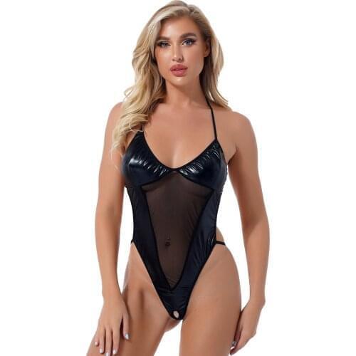 Women See-through Mesh Patchwork Bodysuit Faux Leather Wetlook Lingerie Jumpsuit Sissy Clubwear Cutout Crotchless Sexy Teddies