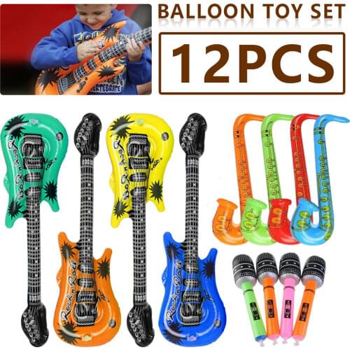 12 pcs Childrens Pvc Inflatable Guitar Balloon Musical Instrument Toy Microphone Guitar Saxophone Radio Lute Party Props Gift