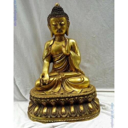 16" China gilt bronze carved Buddhism Sakyamuni buddha Sculpture Statue