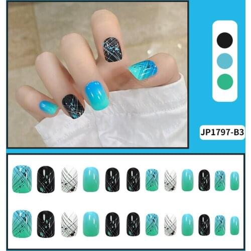 24Pcs/Set Fake Nails Blue-Green Gradient Black And White Thin Line Short Paragraph White Wear-Resistant Nail Art With Glue