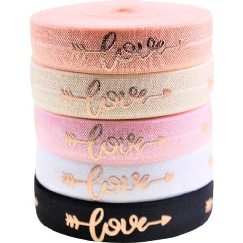 5/8''(16mm) Rose gold foil printed Fold Over Elastic,LOVE printed foe elastic ribbon,50 yards per lot