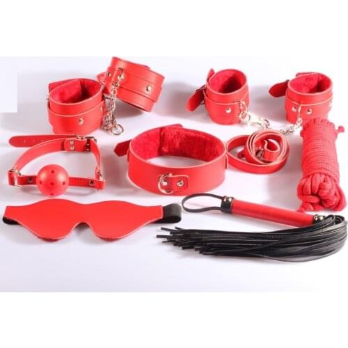 7 pieces in 1 lot, New Restrain kit: hand cuffs, ankle cuffs, leather flogger, collar, gag, paddle cotton rope Novelty product