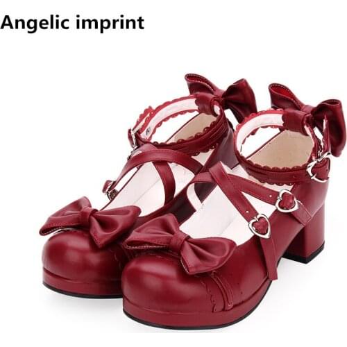 Angelic imprint woman mori girl lolita cosplay shoes lady mid heels pumps women princess dress party shoes 4.5cm 33-47 bowties