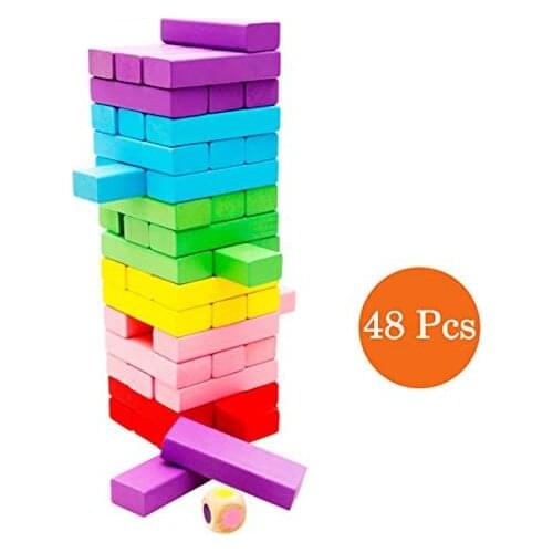Bignosedeer 48Pcs Wooden Stacking Board,Colorful Timber Tower Tumbling Blocks Game for Kids and Adults