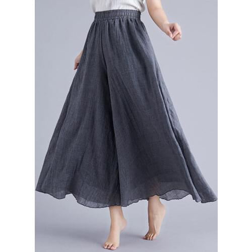 Gray Cotton Linen Wide Leg Pants Female Summer Solid Color Elastic Waist Nine Points Pants Retro Loose Casual Pants Skirt r427