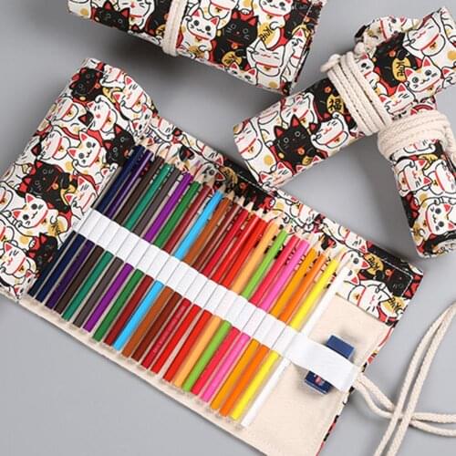 12/24/36 Holes Girl Boy Pencil Case Pen Bag Canvas Roll Stationarry Holder Panel