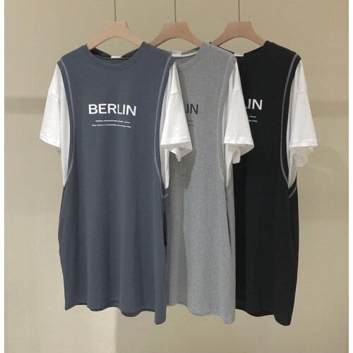 Short-Sleeved T-Shirt Female Fake Two-Piece Dress Summer Dress Mid-Length Korean Version Loose And Thin T-Shirt Skirt