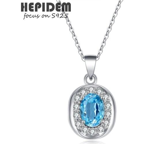 HEPIDEM 100% Really Topaz 925 Sterling Silver Pendant Necklace 2021 New Women Blue Gemstones Choker Statement with Chain 3355