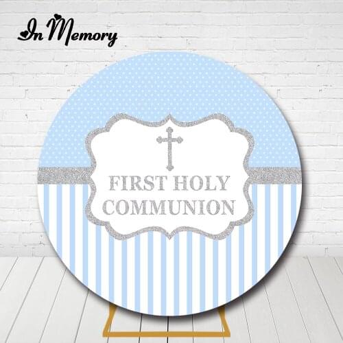 InMemory Baby Blue Striped First Holy Commuion Round Backdrop Cover Cross Boys Baby Shower Newborn Circle Background Elastic