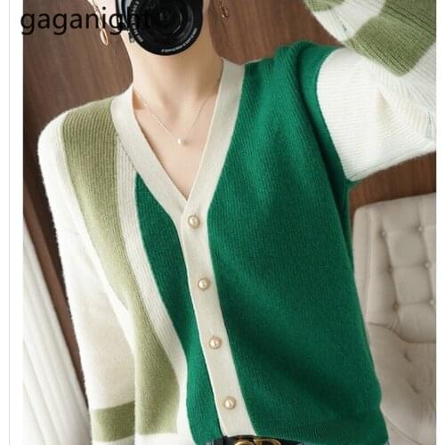 Gaganight Women Patchwork Color Cardigan Spring Autumn Knitted Fashion Office Lady Kardigan V Neck Jumpers Single Breasted Tops
