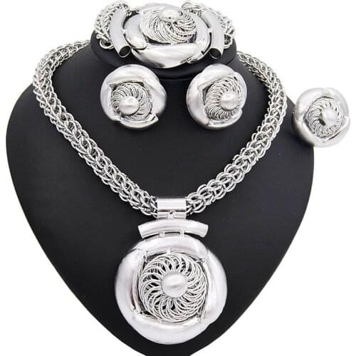 Yulaili Retro Classic Nigerian Wedding Jewelry Sets Silver Color Big Pendant Necklace Stud Earrings Bracelet Ring Accessories