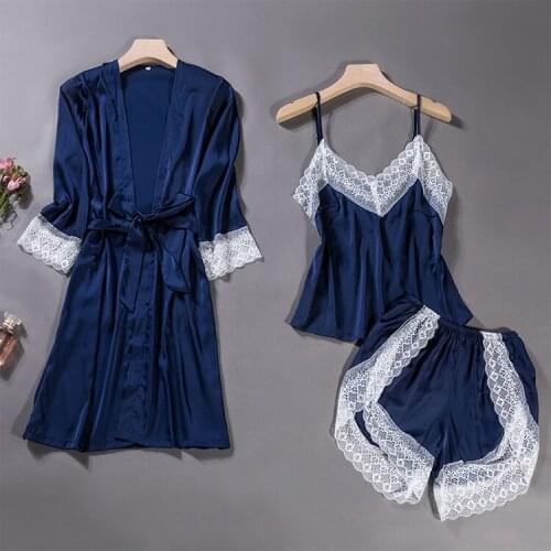 Women Pajamas Sets 3 Pieces Fashion Strap Tops Satin Sleepwear Female Long Sleeve Simmer Home Clothing Pijama Set