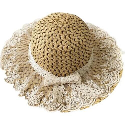 Korean Spring summer Handmade Lace bow Children straw hat baby girls Beach Hats kids princess sun hat