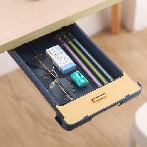 Desktop Hidden Storage Box Drawer Pasted Nail-Free Pen Box With Card Lock Under Desk Drawer Cosmetic Box Sundries Storage Box