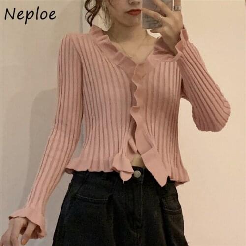 Neploe 2021 New Autumn Korean Style Women Open Stitch V-neck Single Breasted Slim Knitted Shirts Ruffled Short Sweater Cardigan
