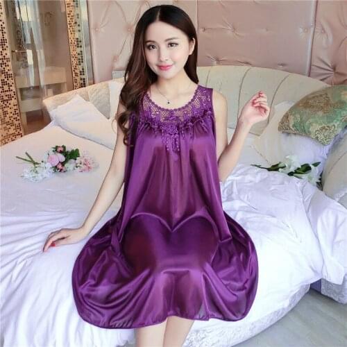 Summer Nightgown Women Solid Sleepwear Women Satin Lace Nightdress Silk Sexy Nightwear Ladie Home Dress Sleep Plus Size 4XL 2084