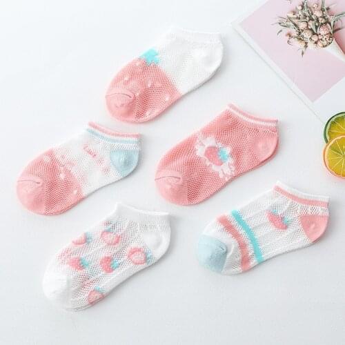 Only My Foot Socks For Girls Summer Thin Mesh Socks Soft Cotton Breathable Sweet Strawberry Kids Stocking Ankle 5Pairs/Lot