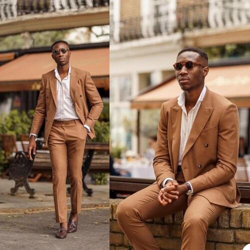 New Brown Mens Tuxedos Double Breasted Groom Wear Wedding Suit 2 Pieces Suits Business Prom Party Blazer (Jacket+Pants)