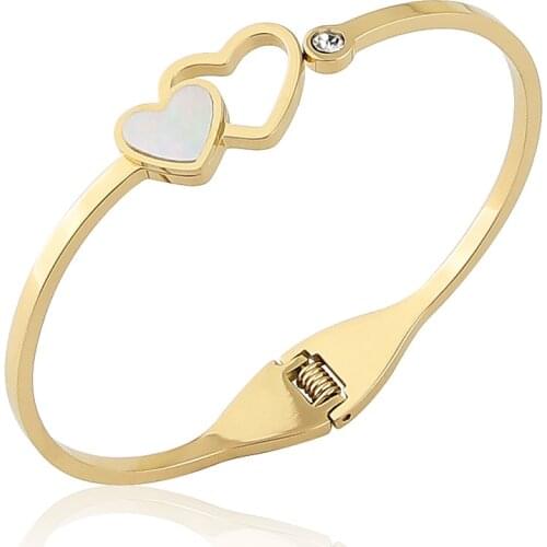 New Stainless Steel Jewelry Crystal Shell Hollow Heart Bracelets Opening Bangle For Womens Love Gifts Wholesale