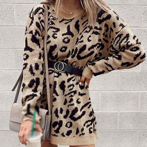 Autumn Leopard Womens Sweater Mini Dresses O-neck Long Sleeve Female Dress 2021 Winter New Streetwear Casual Ladies Clothes