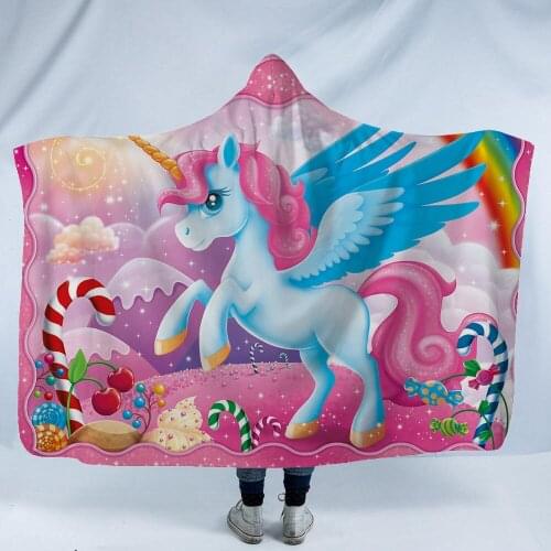 Rainbow Unicorn Pattern 3D Printed Plush Hooded Blanket for Adult Kid Warm Wearable Portable Fleece Cute Dropship