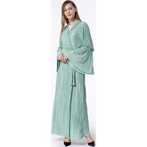 S-3XL Adult muslim elastic beading pleated robes prayer muslim abaya female Islamic cardigan muslim dress abaya with belt wj2781