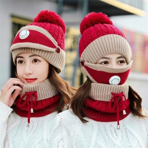 2020 New 3 Pieces Set Womens Knitted Hat Scarf Caps Neck Warmer Winter Hat for Ladies Girls Skullies Beanies Warm Fleece Caps