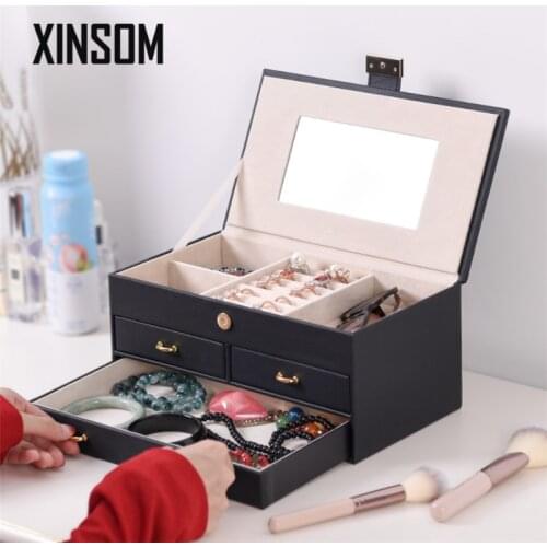 XINSOM Women Jewelry Box High Capacity Multilayers Necklace Earrings Rings Bracelets Jewelry Storage Box Casket With Mirror
