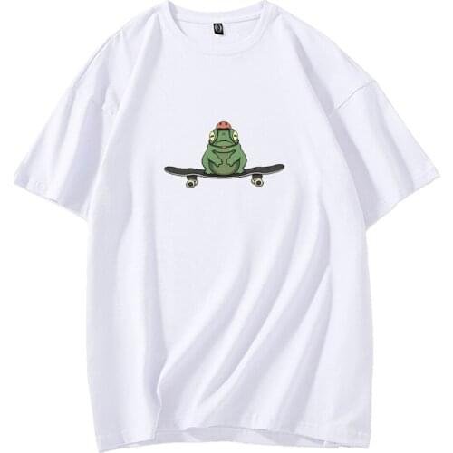 Cute Frog on Skateboard T Shirt Harajuku Aesthetic Cotton Two-piece Suits Striped Pant All-match Girl High Waist Joggers Ulzzang