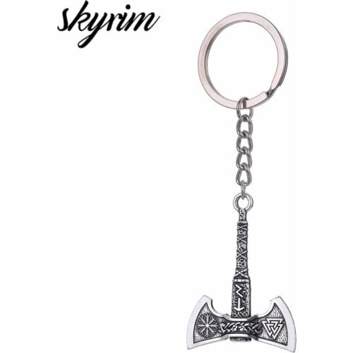 Skyrim Talisman Vintage Nordic Viking Valknut Axe Amulet Charm Pendant Key Chain Keychain Key Ring Holder For Men Women Gift